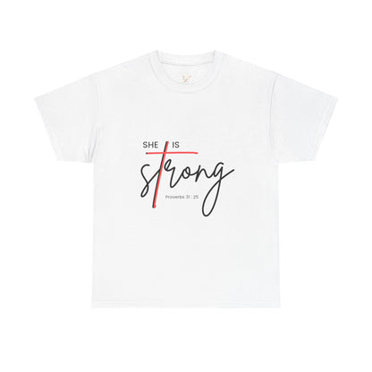 T-Shirt — "She Is Strong" Inspirational Christian Tee (Philippians 4:13)