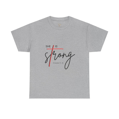 T-Shirt — "She Is Strong" Inspirational Christian Tee (Philippians 4:13)