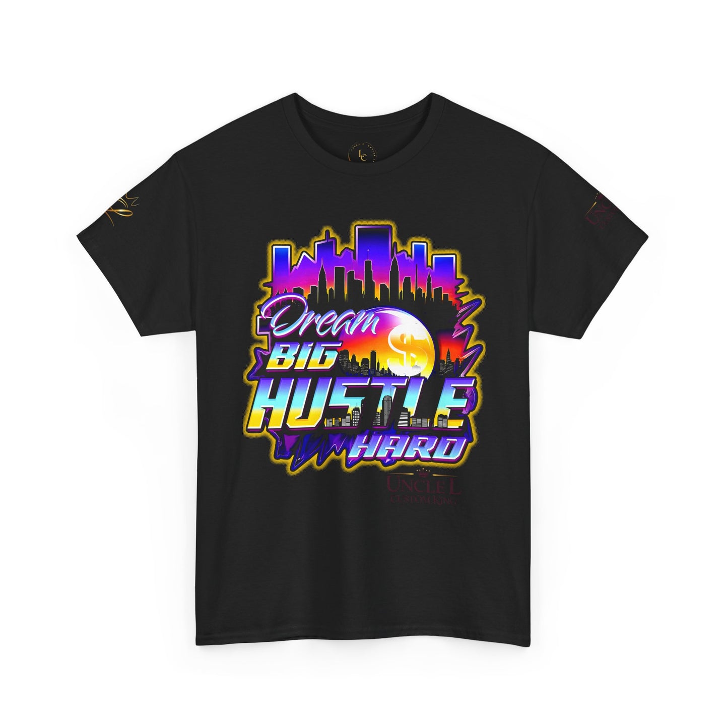 Dream Big Hustle Hard Tee — Retro City Sunset Motivational T-Shirt