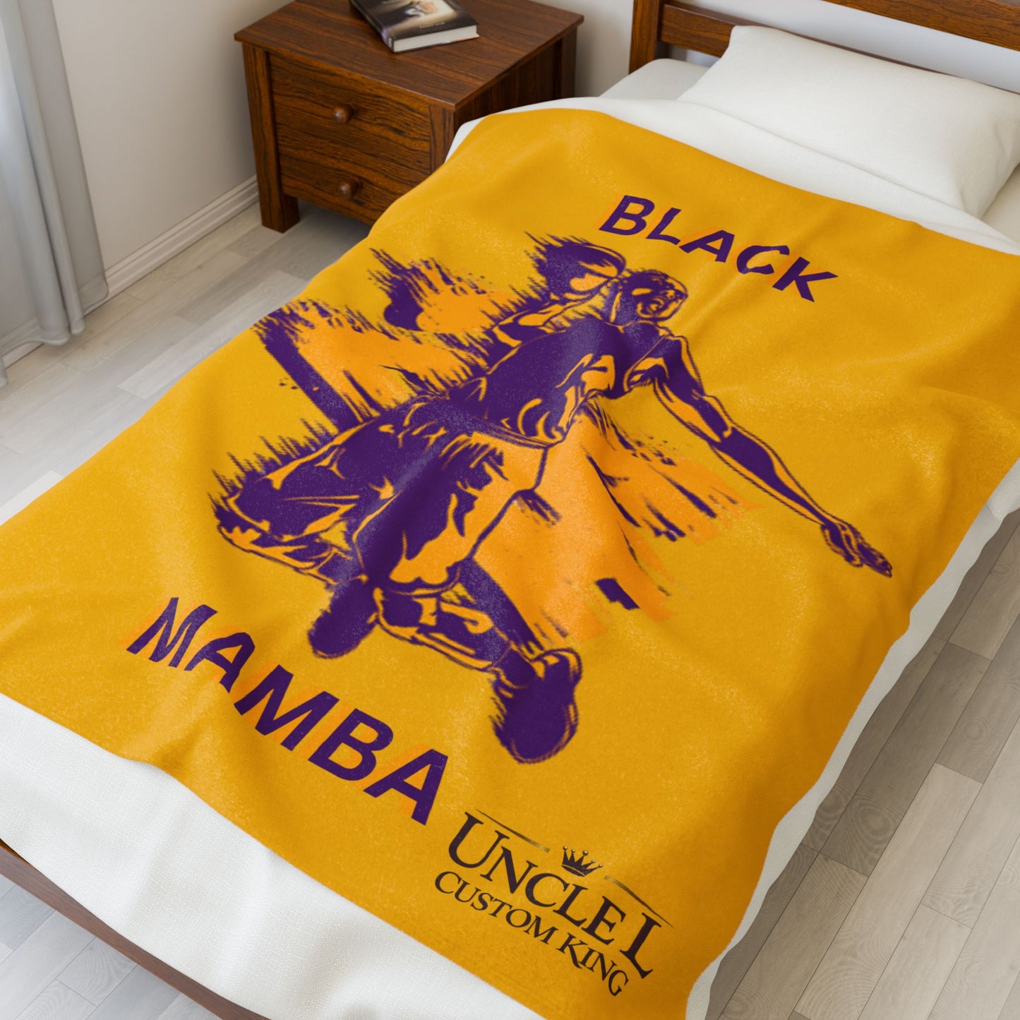 Velveteen Plush Blanket — Black Mamba Basketball Throw (Gold & Purple)