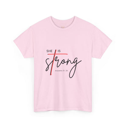 T-Shirt — "She Is Strong" Inspirational Christian Tee (Philippians 4:13)