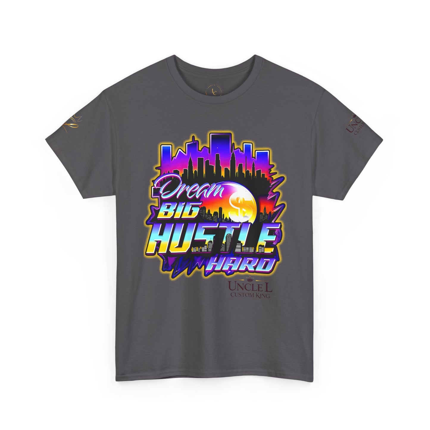 Dream Big Hustle Hard Tee — Retro City Sunset Motivational T-Shirt