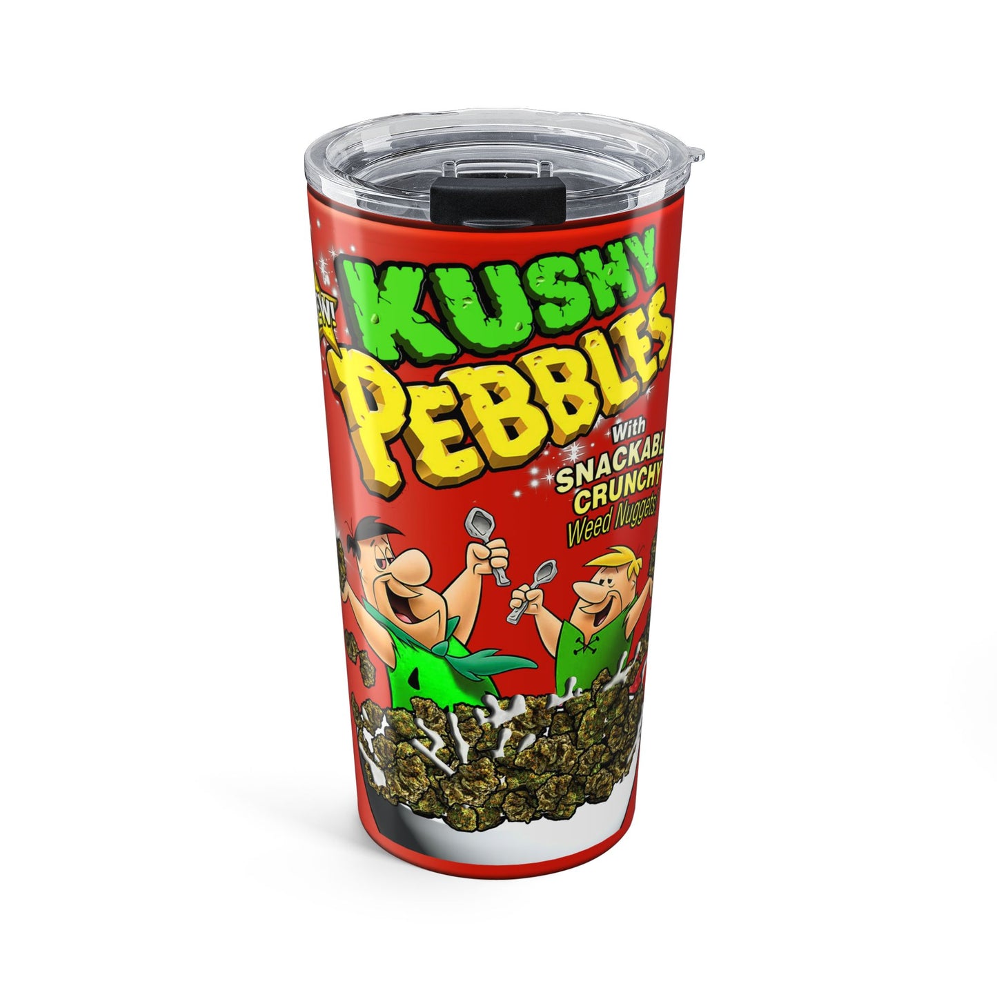 20oz Tumbler — 'Kushy Pebbles' Retro Snack Cereal Cannabis Graphic Travel Mug
