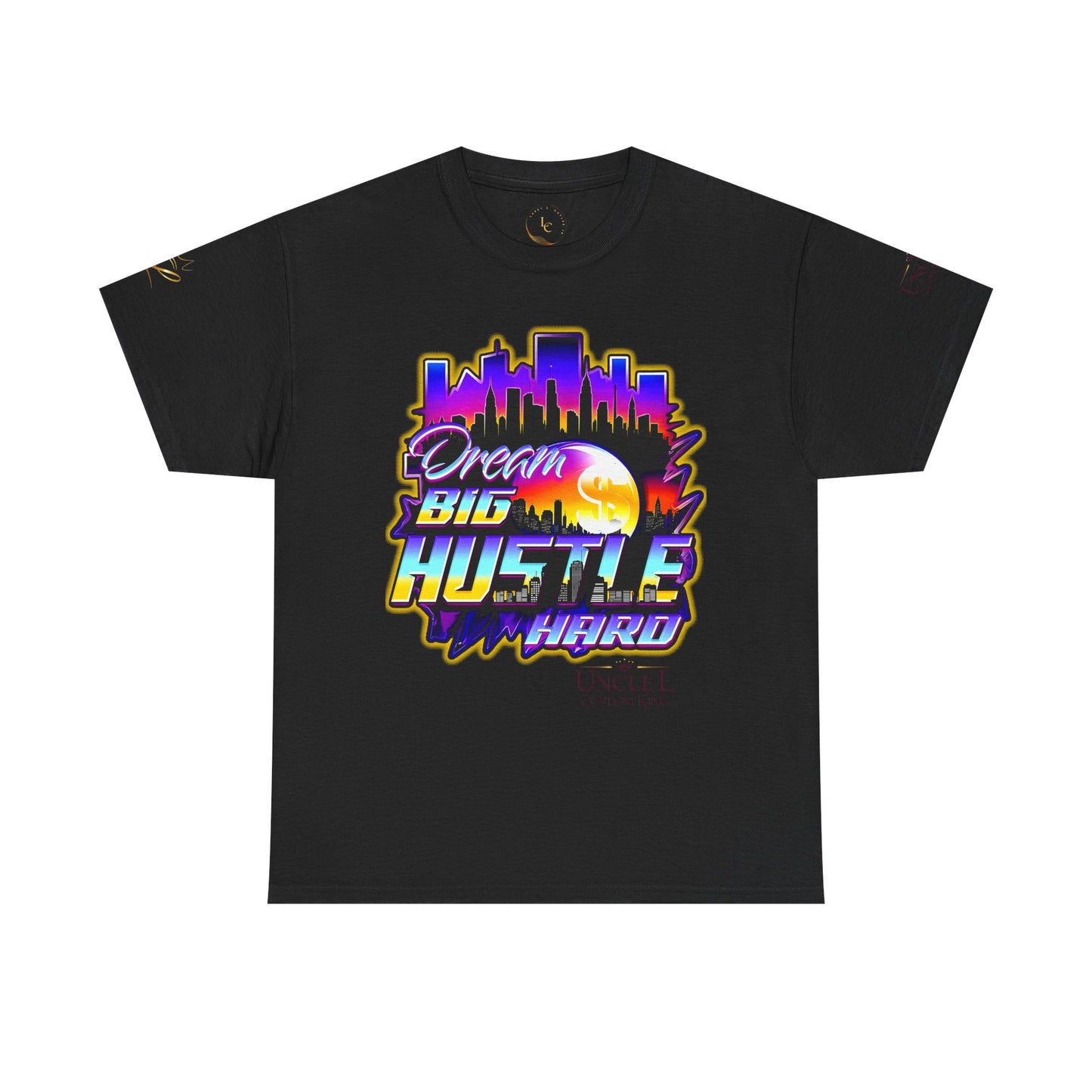 Dream Big Hustle Hard Tee — Retro City Sunset Motivational T-Shirt