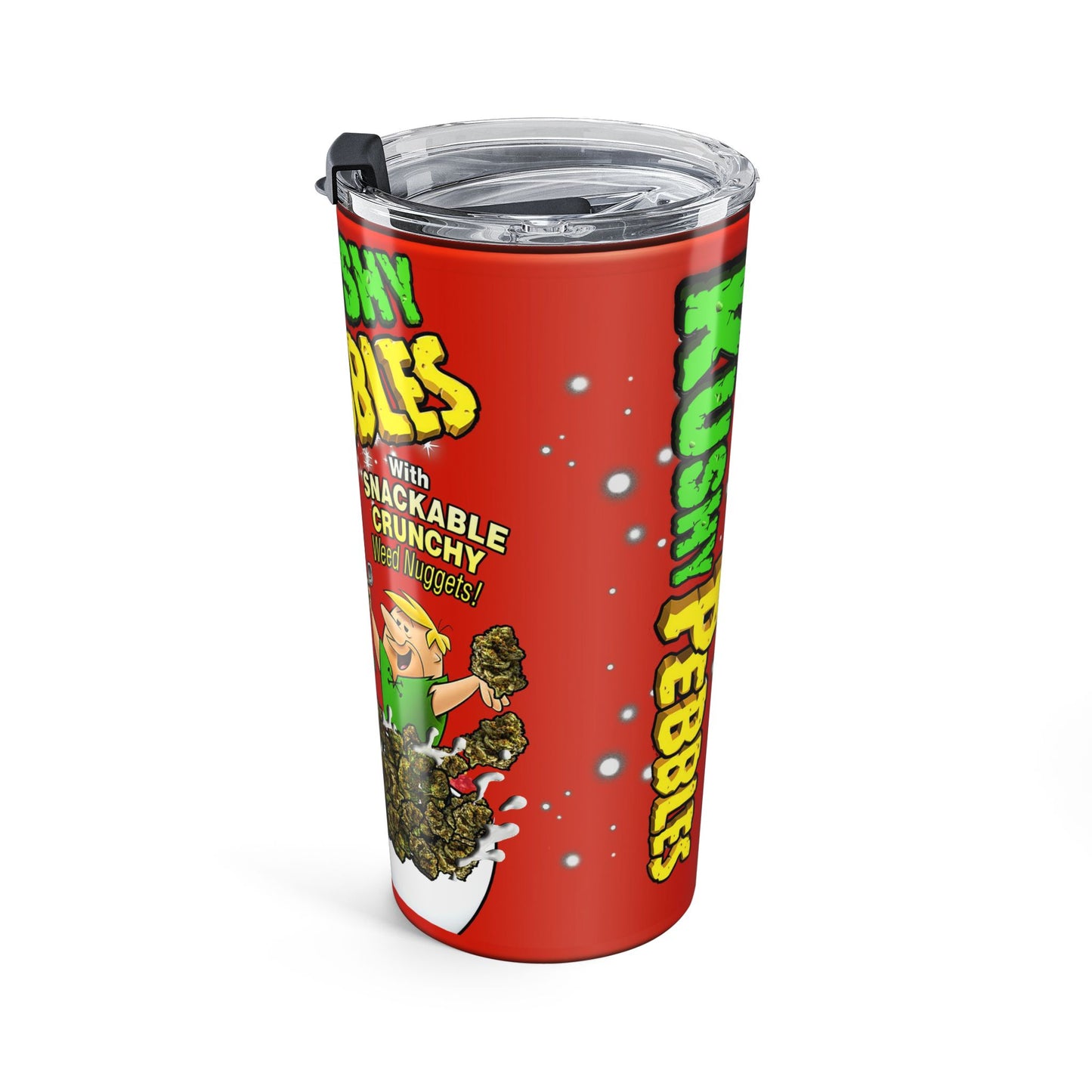 20oz Tumbler — 'Kushy Pebbles' Retro Snack Cereal Cannabis Graphic Travel Mug