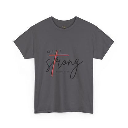 T-Shirt — "She Is Strong" Inspirational Christian Tee (Philippians 4:13)