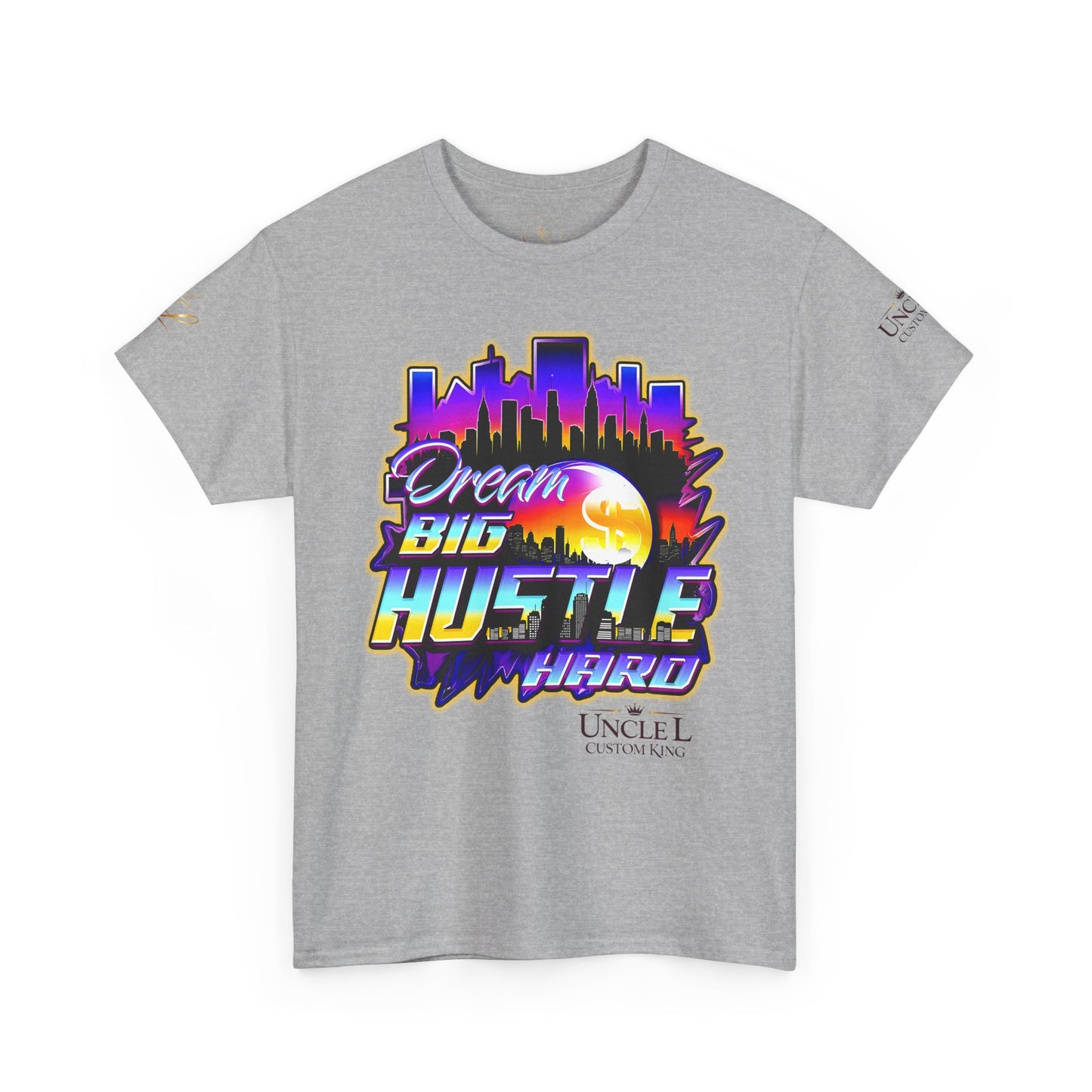 Dream Big Hustle Hard Tee — Retro City Sunset Motivational T-Shirt