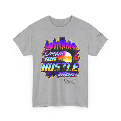 Dream Big Hustle Hard Tee — Retro City Sunset Motivational T-Shirt