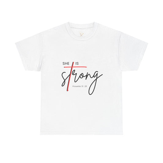 T-Shirt — "She Is Strong" Inspirational Christian Tee (Philippians 4:13)