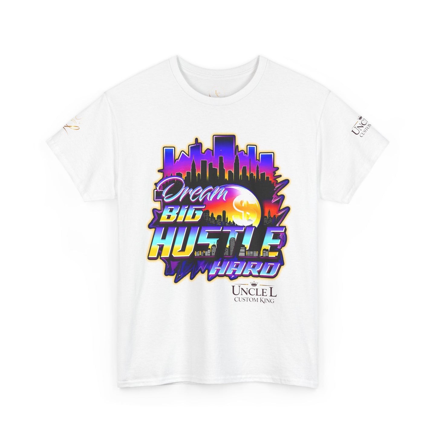Dream Big Hustle Hard Tee — Retro City Sunset Motivational T-Shirt