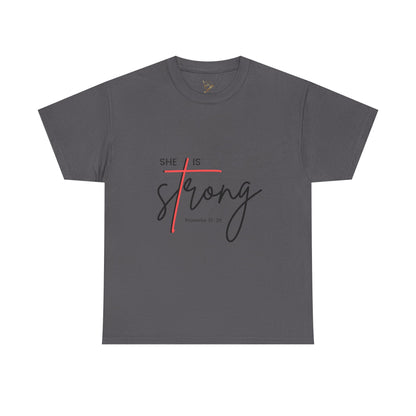 T-Shirt — "She Is Strong" Inspirational Christian Tee (Philippians 4:13)