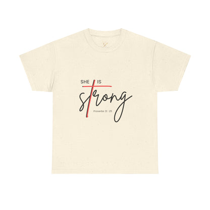 T-Shirt — "She Is Strong" Inspirational Christian Tee (Philippians 4:13)