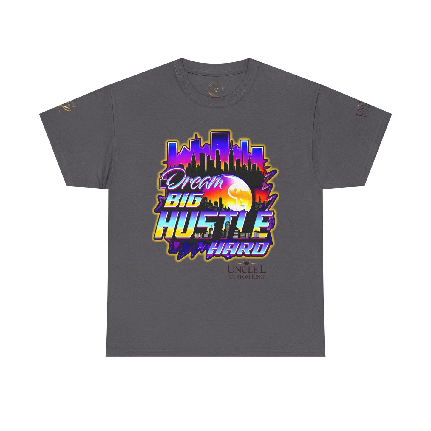 Dream Big Hustle Hard Tee — Retro City Sunset Motivational T-Shirt