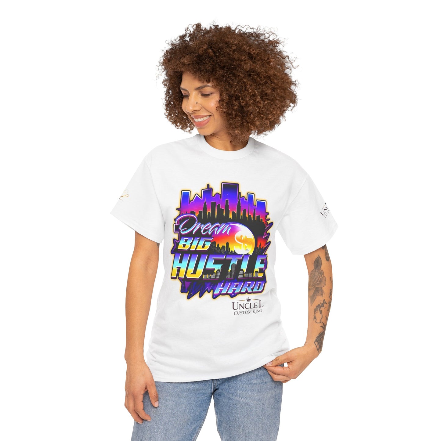 Dream Big Hustle Hard Tee — Retro City Sunset Motivational T-Shirt