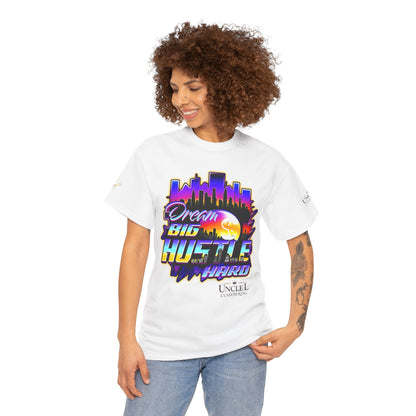 Dream Big Hustle Hard Tee — Retro City Sunset Motivational T-Shirt
