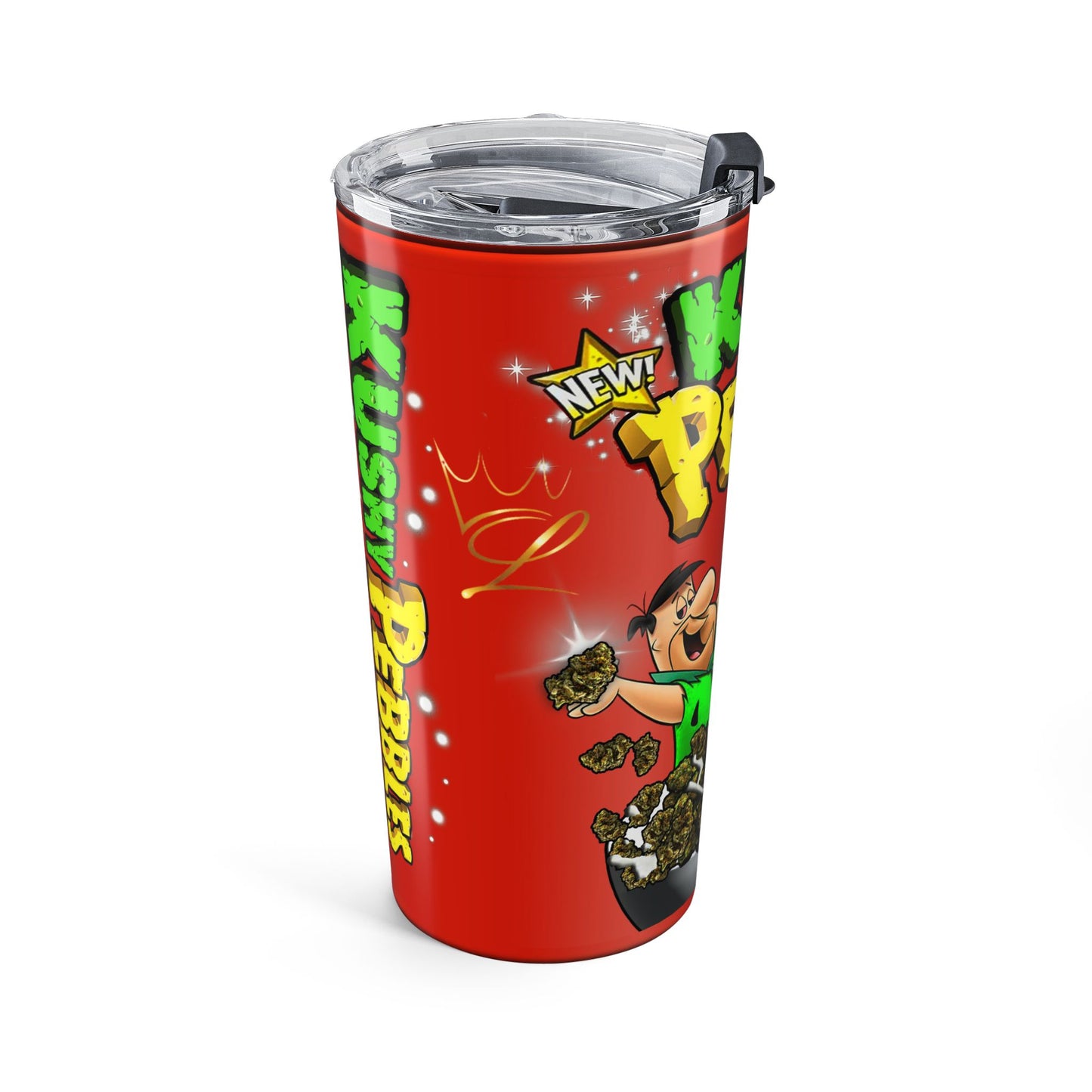 20oz Tumbler — 'Kushy Pebbles' Retro Snack Cereal Cannabis Graphic Travel Mug