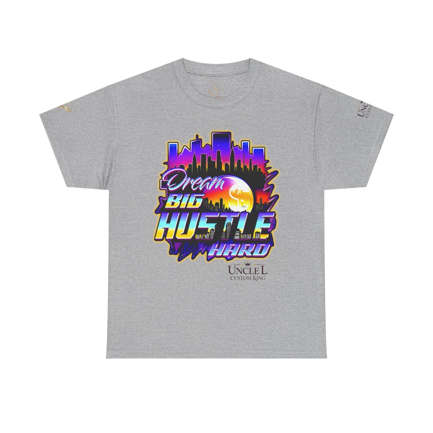 Dream Big Hustle Hard Tee — Retro City Sunset Motivational T-Shirt