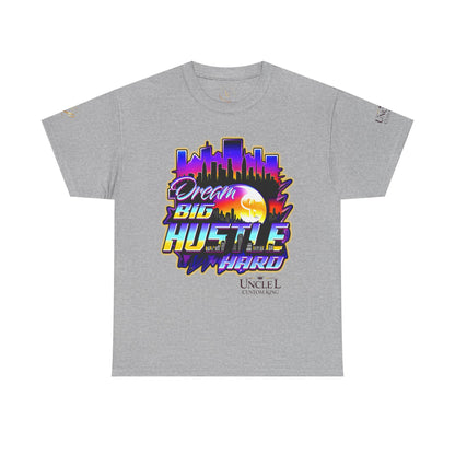 Dream Big Hustle Hard Tee — Retro City Sunset Motivational T-Shirt