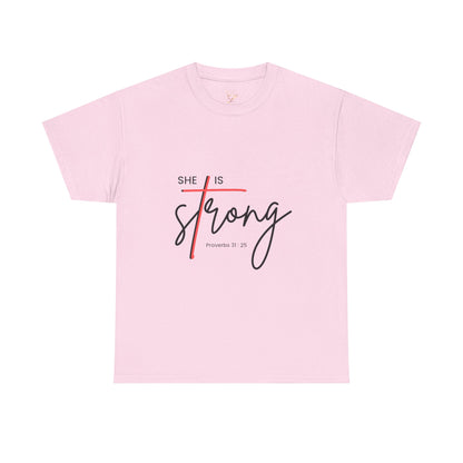 T-Shirt — "She Is Strong" Inspirational Christian Tee (Philippians 4:13)