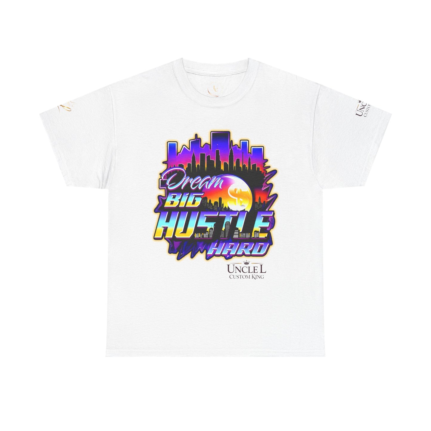 Dream Big Hustle Hard Tee — Retro City Sunset Motivational T-Shirt