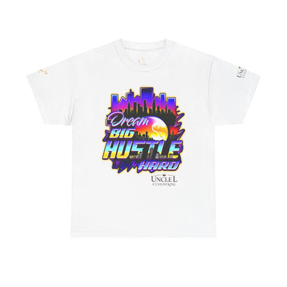 Dream Big Hustle Hard Tee — Retro City Sunset Motivational T-Shirt