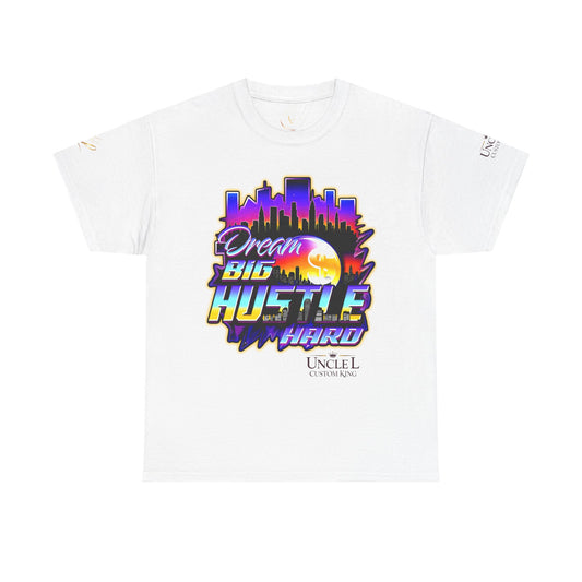 Dream Big Hustle Hard Tee — Retro City Sunset Motivational T-Shirt