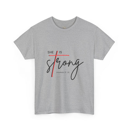 T-Shirt — "She Is Strong" Inspirational Christian Tee (Philippians 4:13)