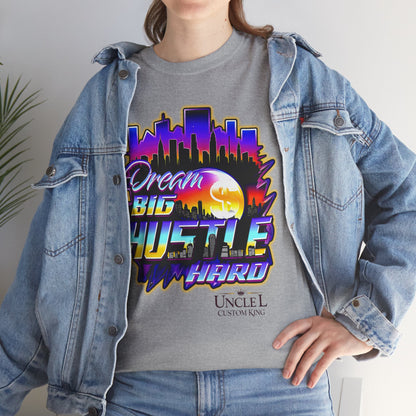 Dream Big Hustle Hard Tee — Retro City Sunset Motivational T-Shirt